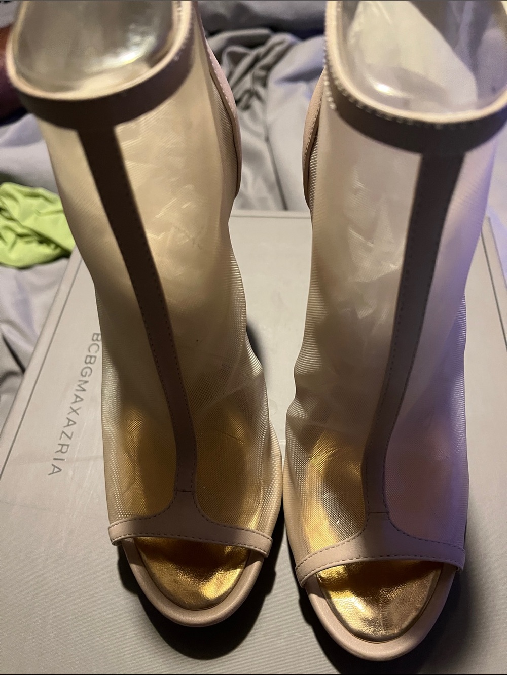 BCBGMaxAzria Nude Mesh Peep-Toe Heeled Boots with Gold Insole